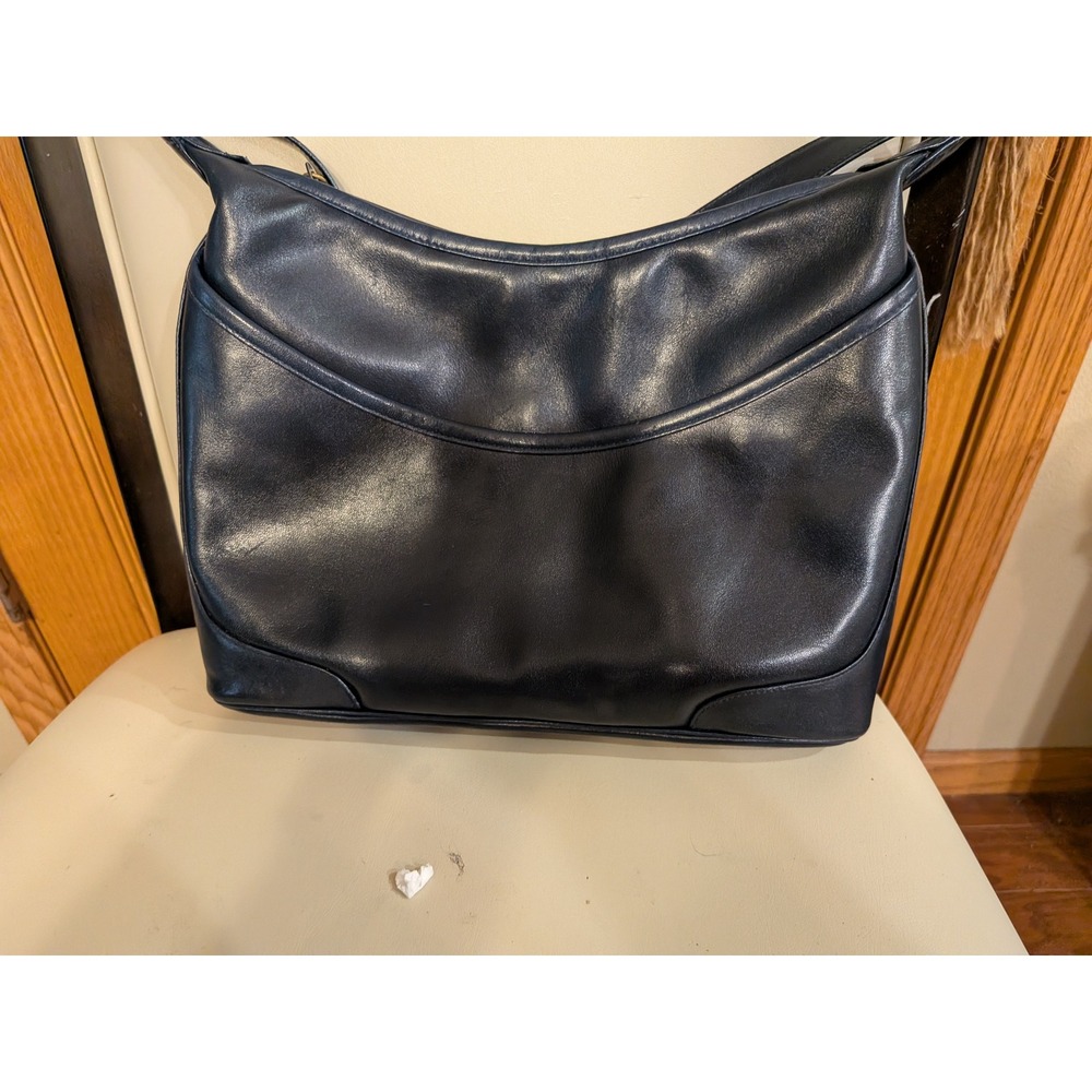 Morris Moskowitz Vintage Navy Blue Leather Shoulder Bag Gold Hardware